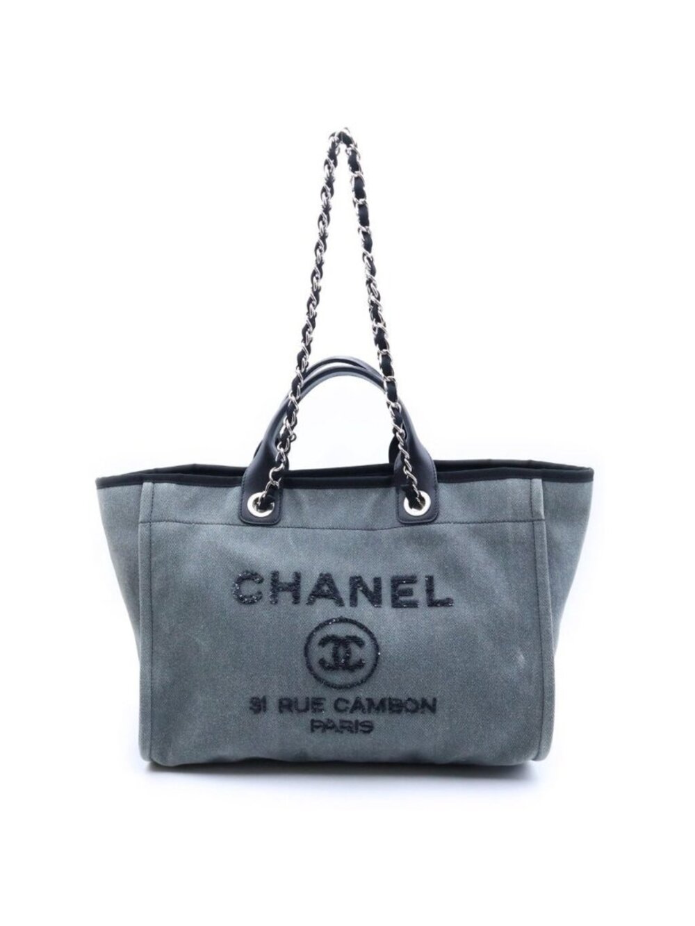 Chanel Deauville Tote Bag Sequin Black Gray Canvas Leather